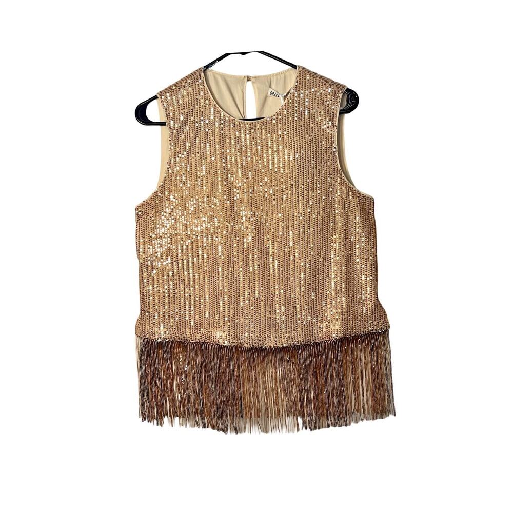 Grace Karin Top Womens Size L Tan Sleeveless Pullover Fringe Sequin Lined NWT